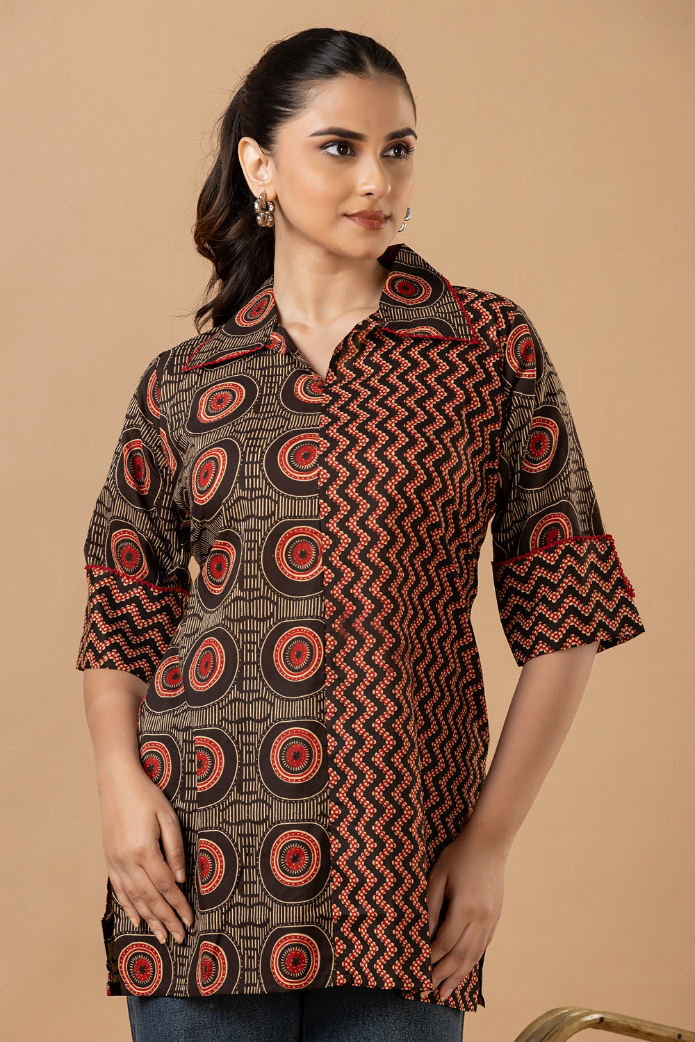 Black & Red Geometric Print Mix & Match Short Kurta