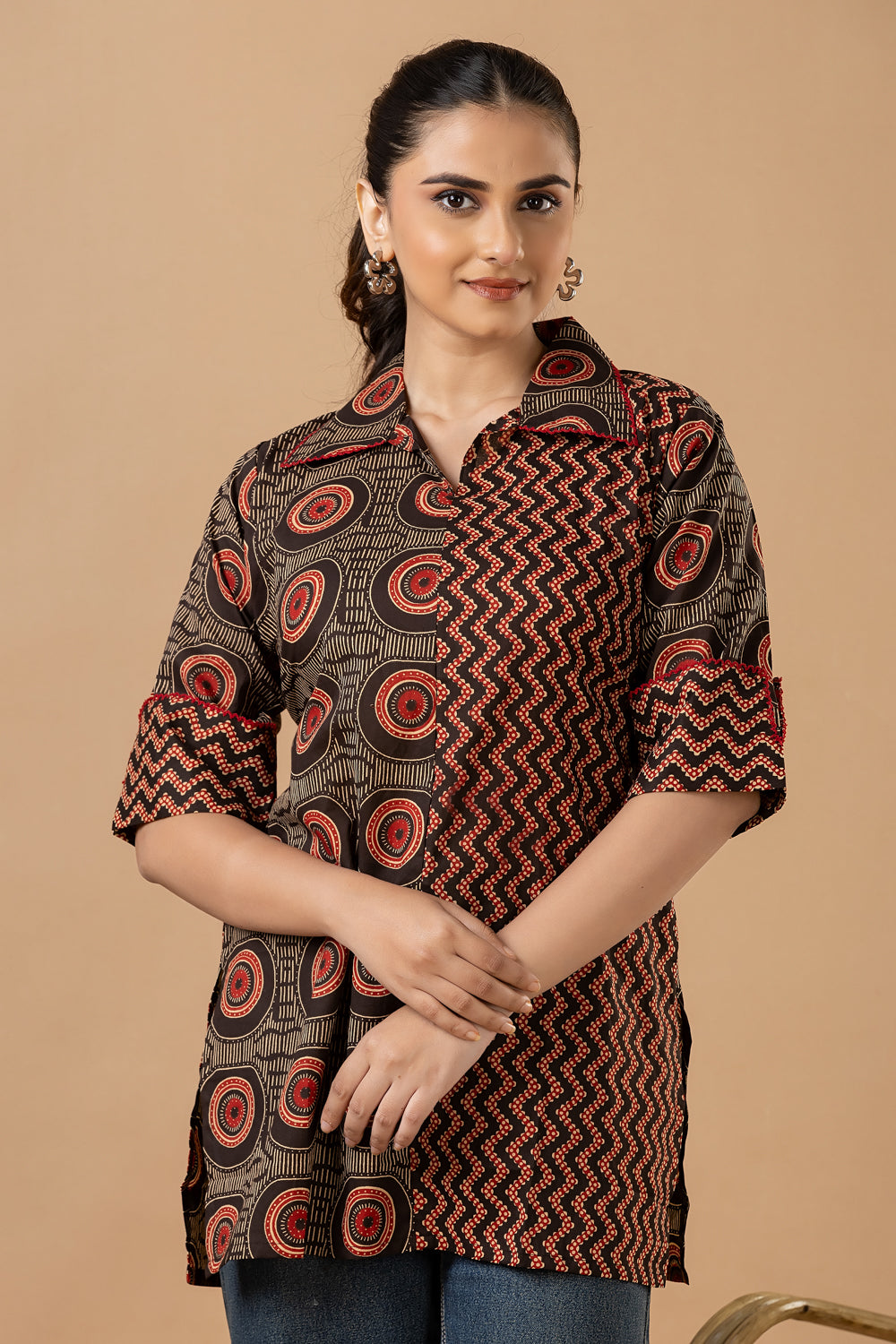 Black & Red Geometric Print Mix & Match Short Kurta