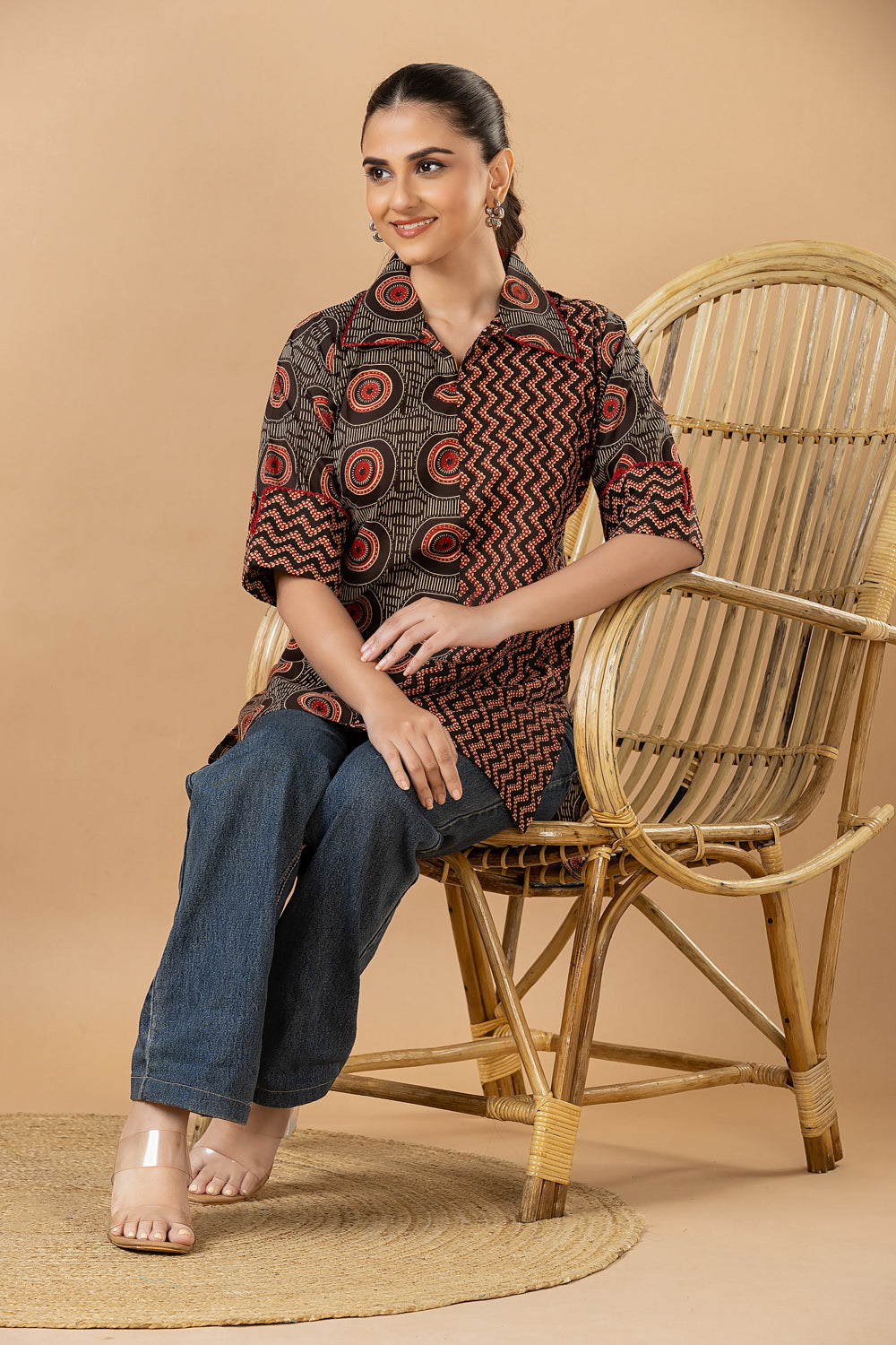 Black & Red Geometric Print Mix & Match Short Kurta