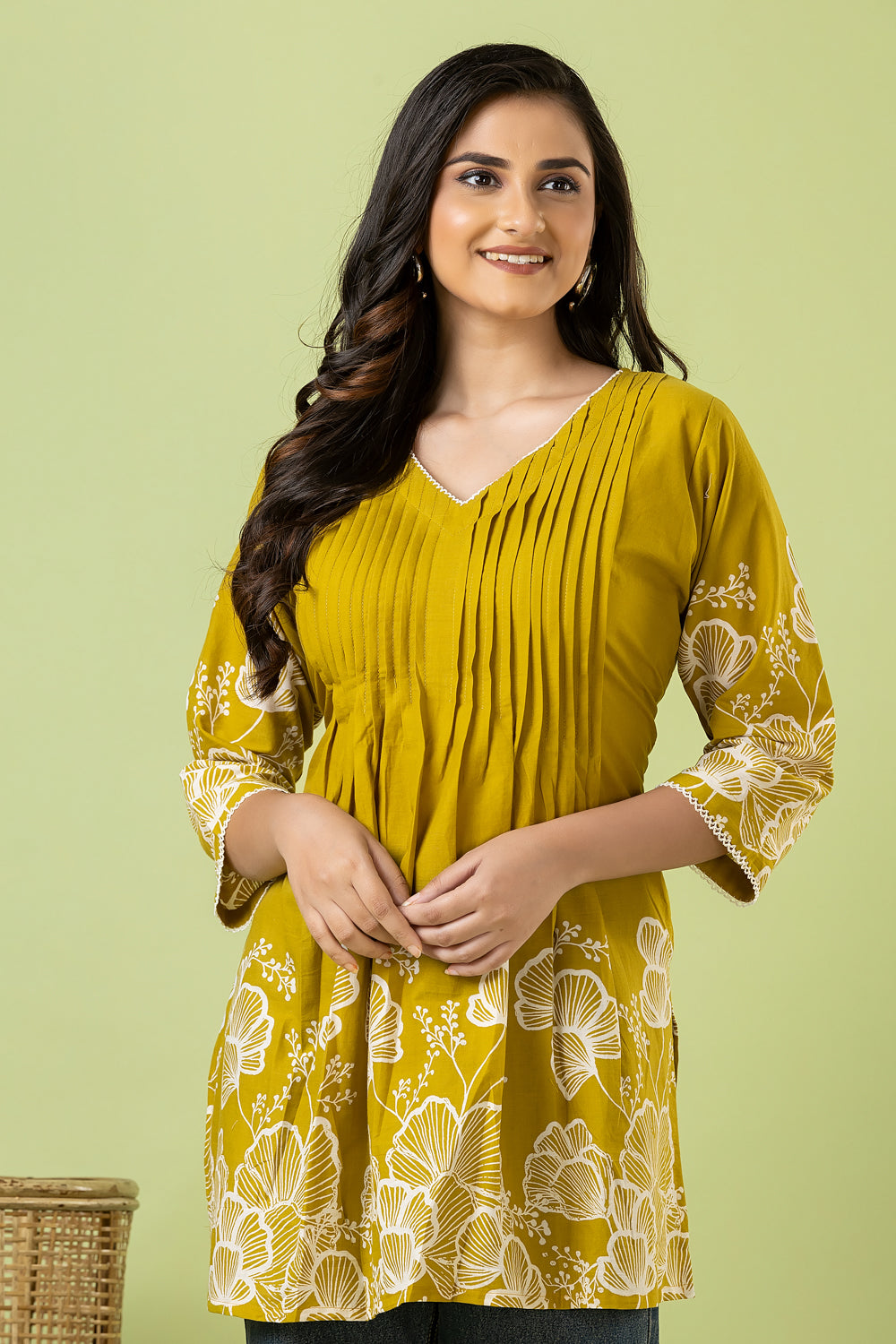 Mehendi Green Floral Print Pleated Short Kurta