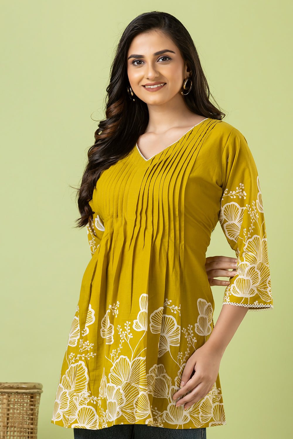 Mehendi Green Floral Print Pleated Short Kurta