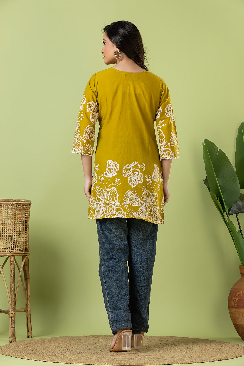 Mehendi Green Floral Print Pleated Short Kurta