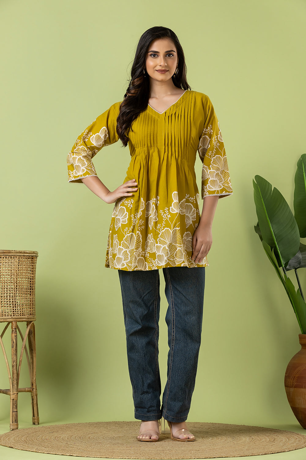 Mehendi Green Floral Print Pleated Short Kurta