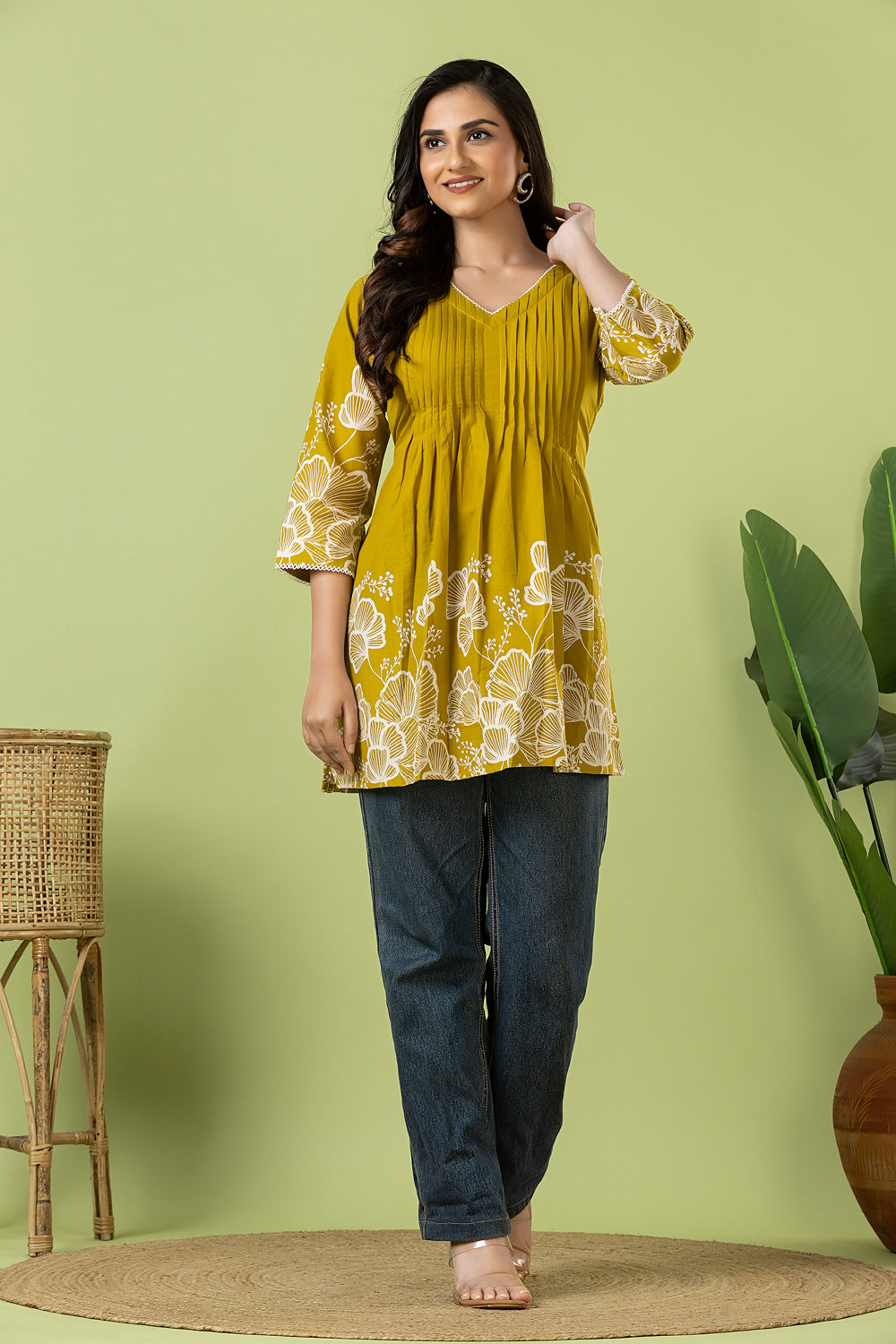 Mehendi Green Floral Print Pleated Short Kurta