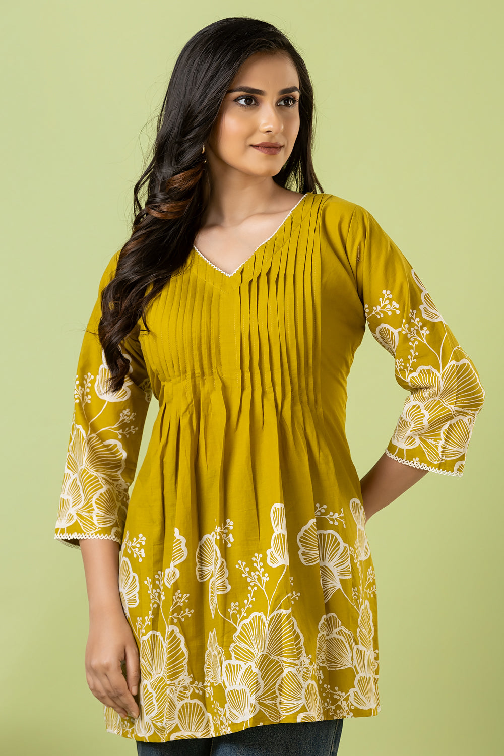 Mehendi Green Floral Print Pleated Short Kurta