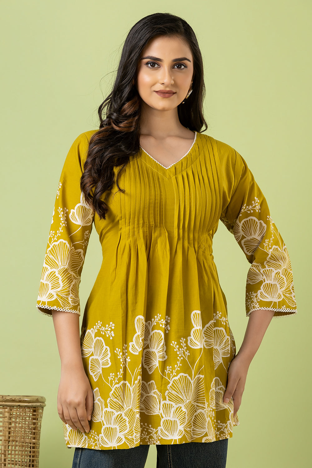 Mehendi Green Floral Print Pleated Short Kurta
