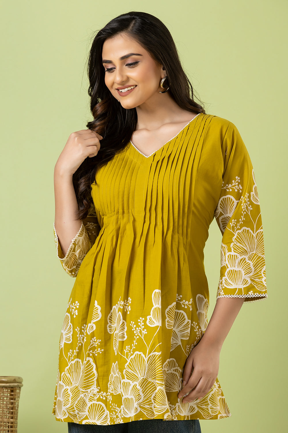 Mehendi Green Floral Print Pleated Short Kurta