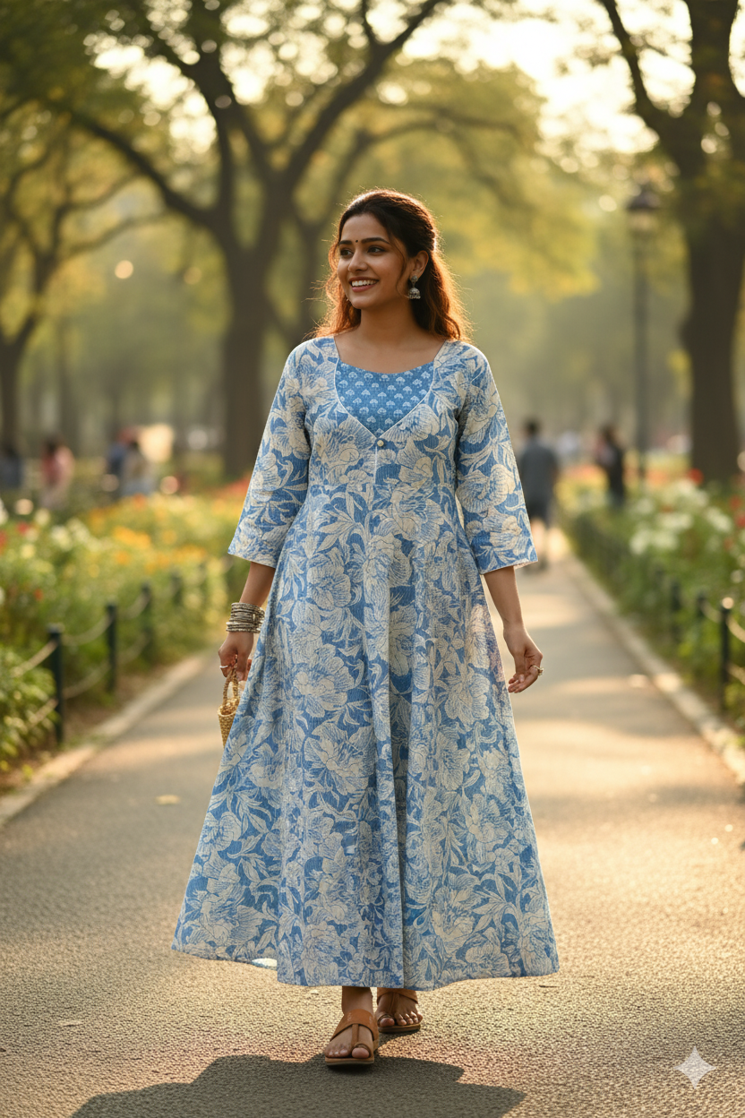 Sky Blue Abstract Floral Print Flared Dress