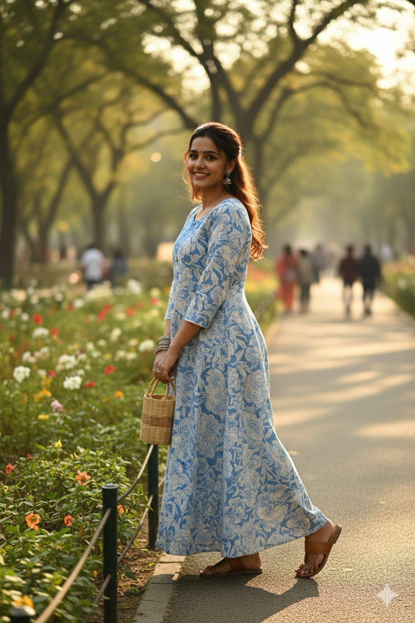 Sky Blue Abstract Floral Print Flared Dress