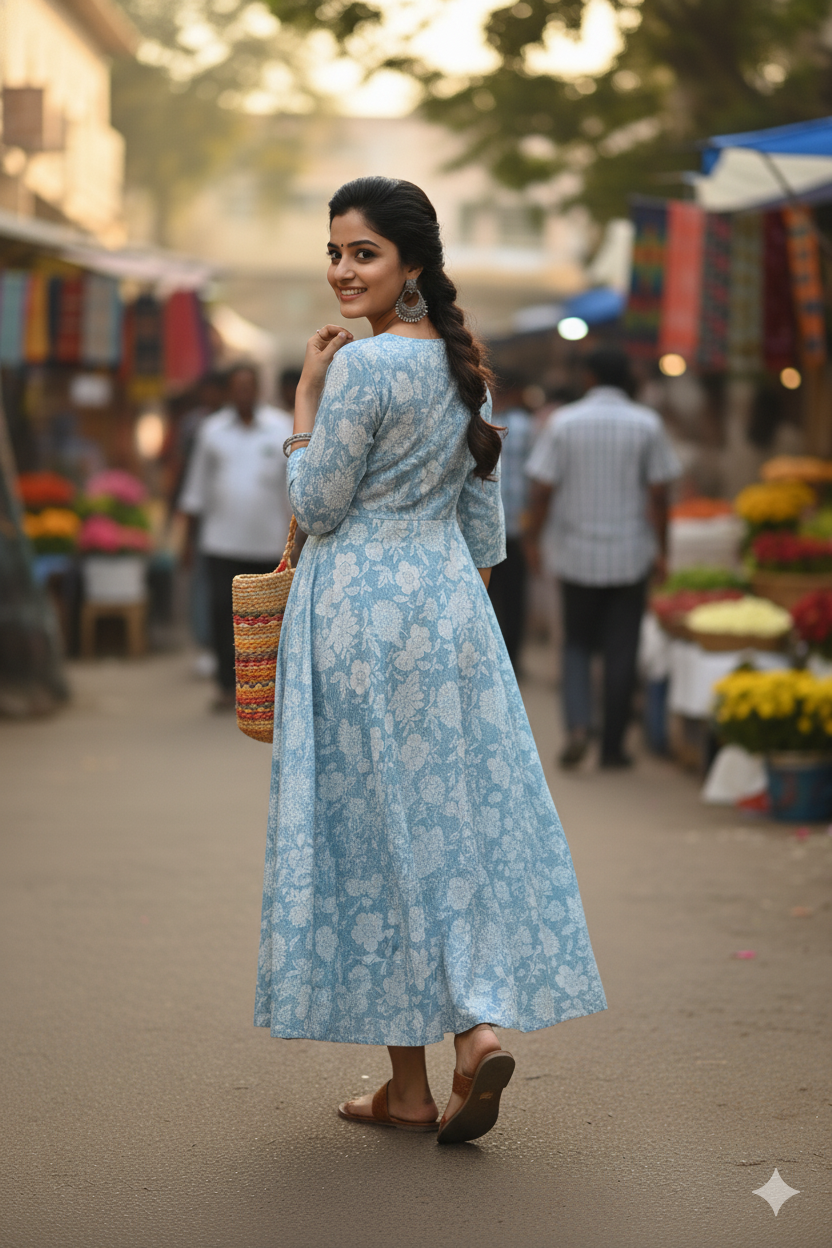 Soft Blue Floral Print Flared Dress with Threadwork