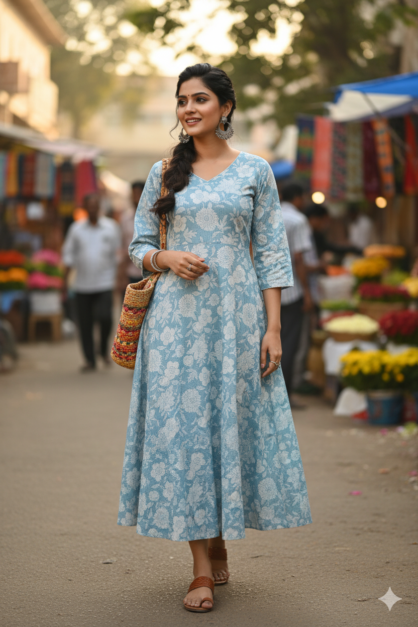 Soft Blue Floral Print Flared Dress with Threadwork