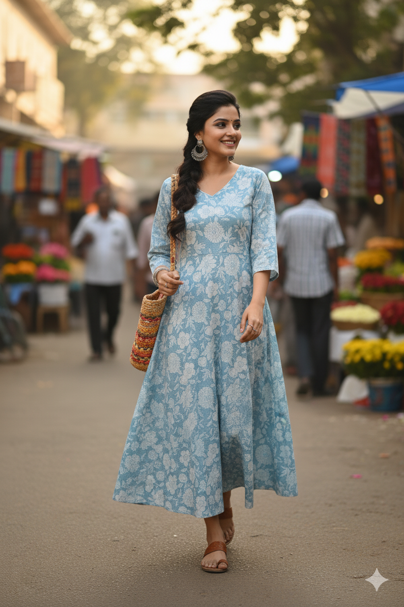 Soft Blue Floral Print Flared Dress with Threadwork