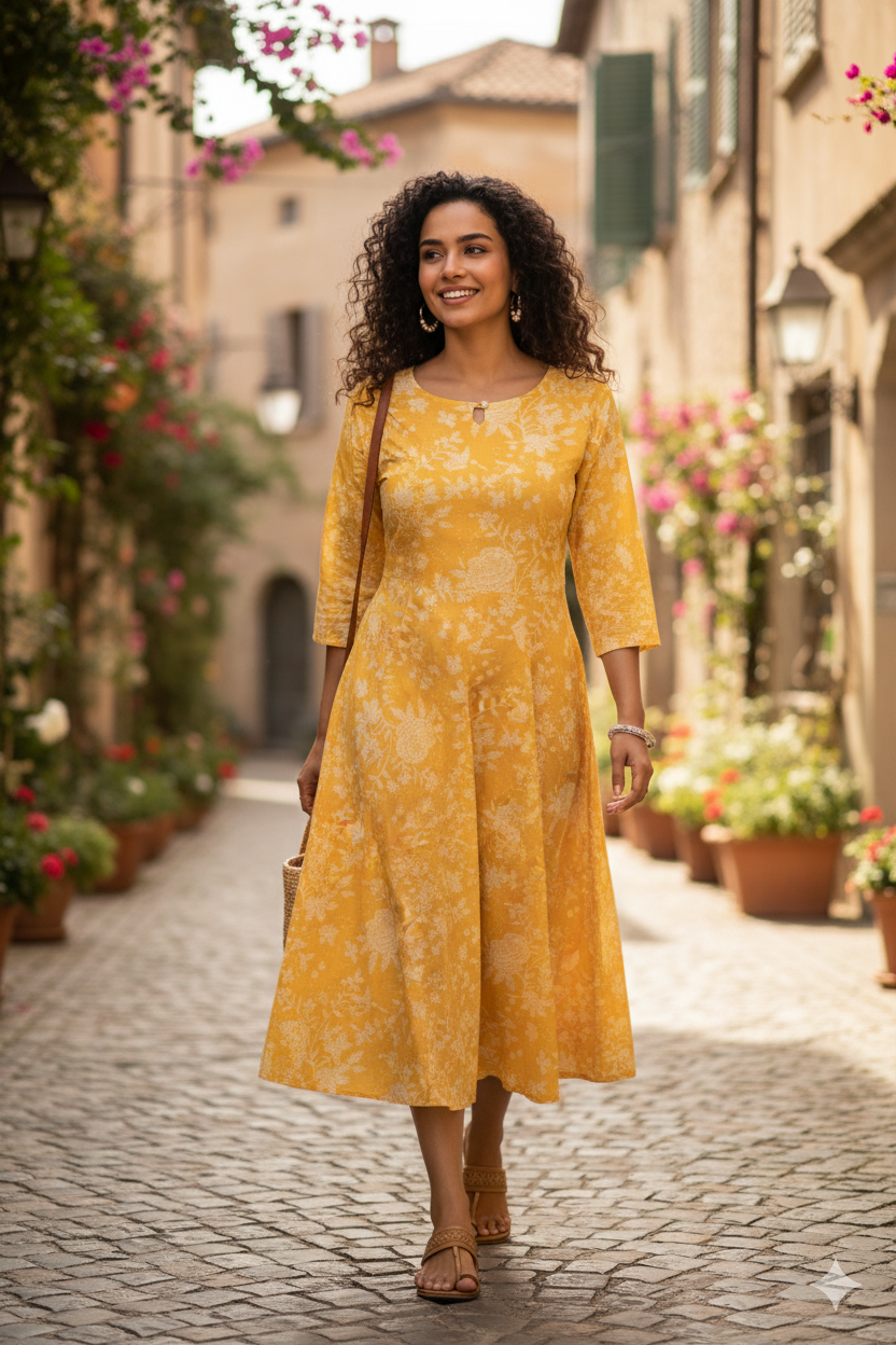 Yellow Floral Print Flared Dress