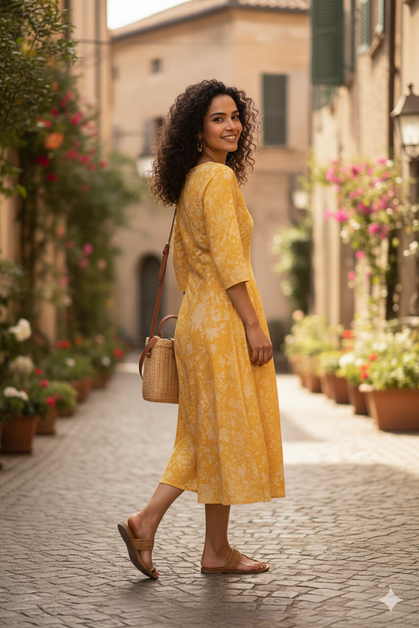 Yellow Floral Print Flared Dress