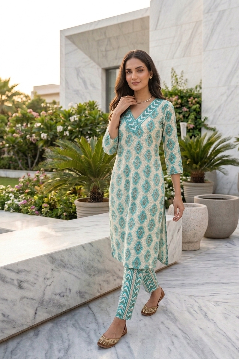 Aqua Blue Geometric Print Kurta With Pant