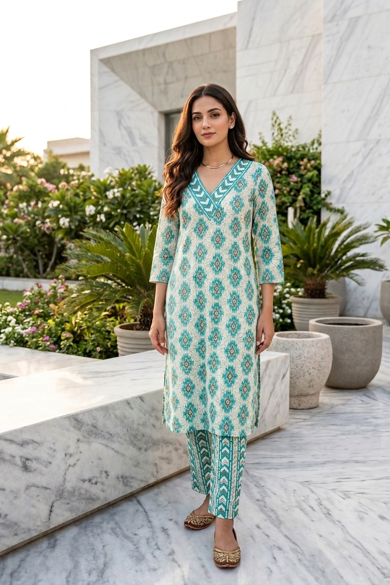 Aqua Blue Geometric Print Kurta With Pant
