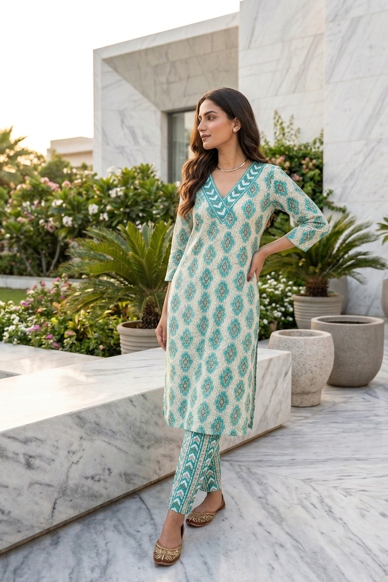 Aqua Blue Geometric Print Kurta With Pant