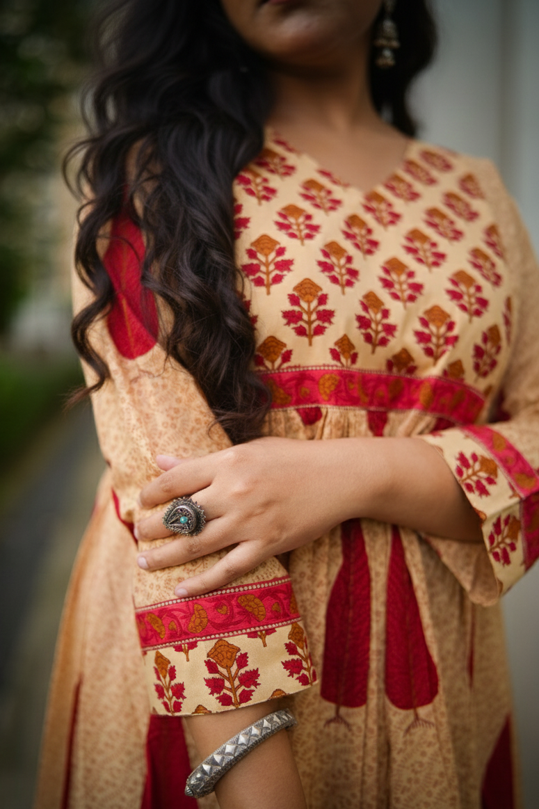 Beige & Red Leaf Print A-line Kurta With Pant