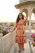 Beige & Red Leaf Print A-line Kurta With Pant