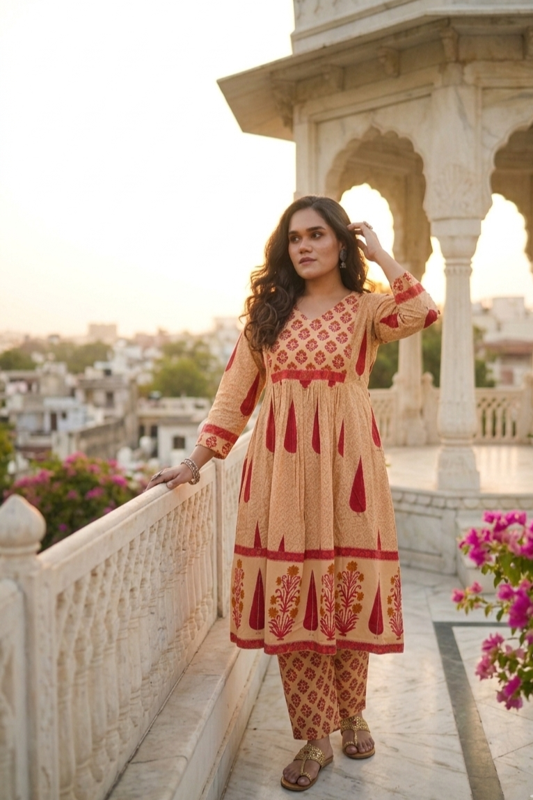 Beige & Red Leaf Print A-line Kurta With Pant