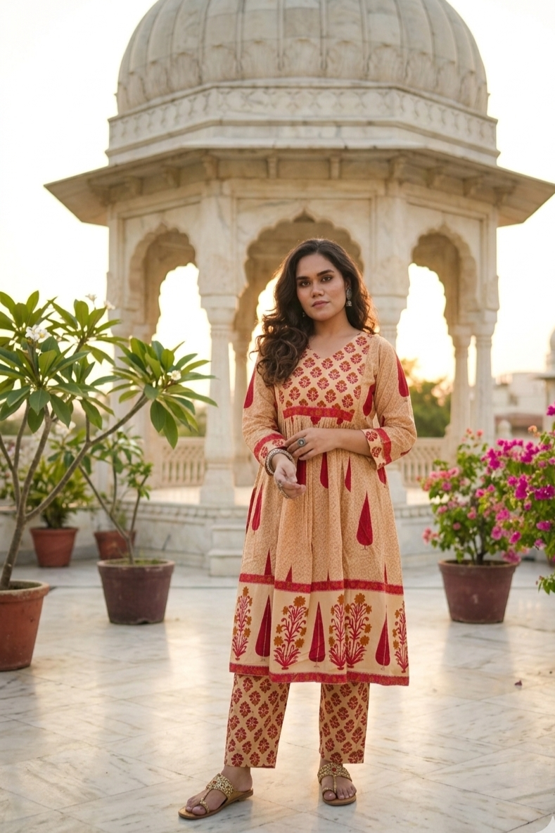 Beige & Red Leaf Print A-line Kurta With Pant