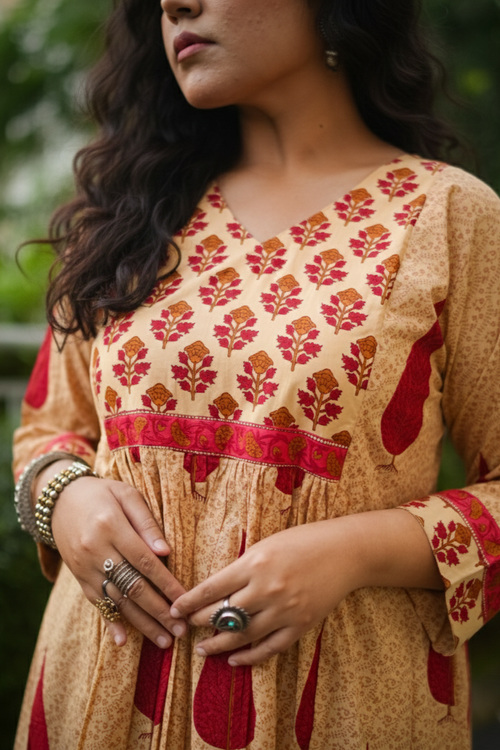 Beige & Red Leaf Print A-line Kurta With Pant