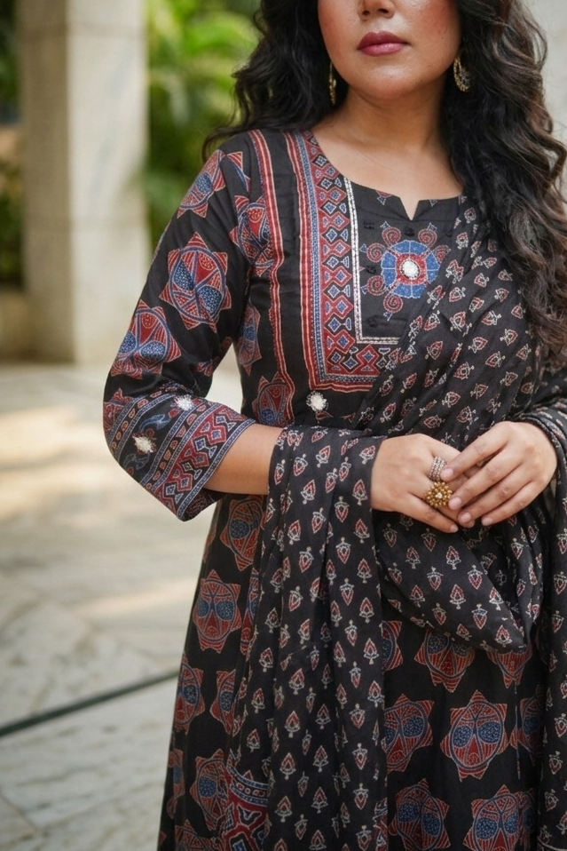 Black & Maroon Embroidered Anarkali Kurta With Pant & Dupatta