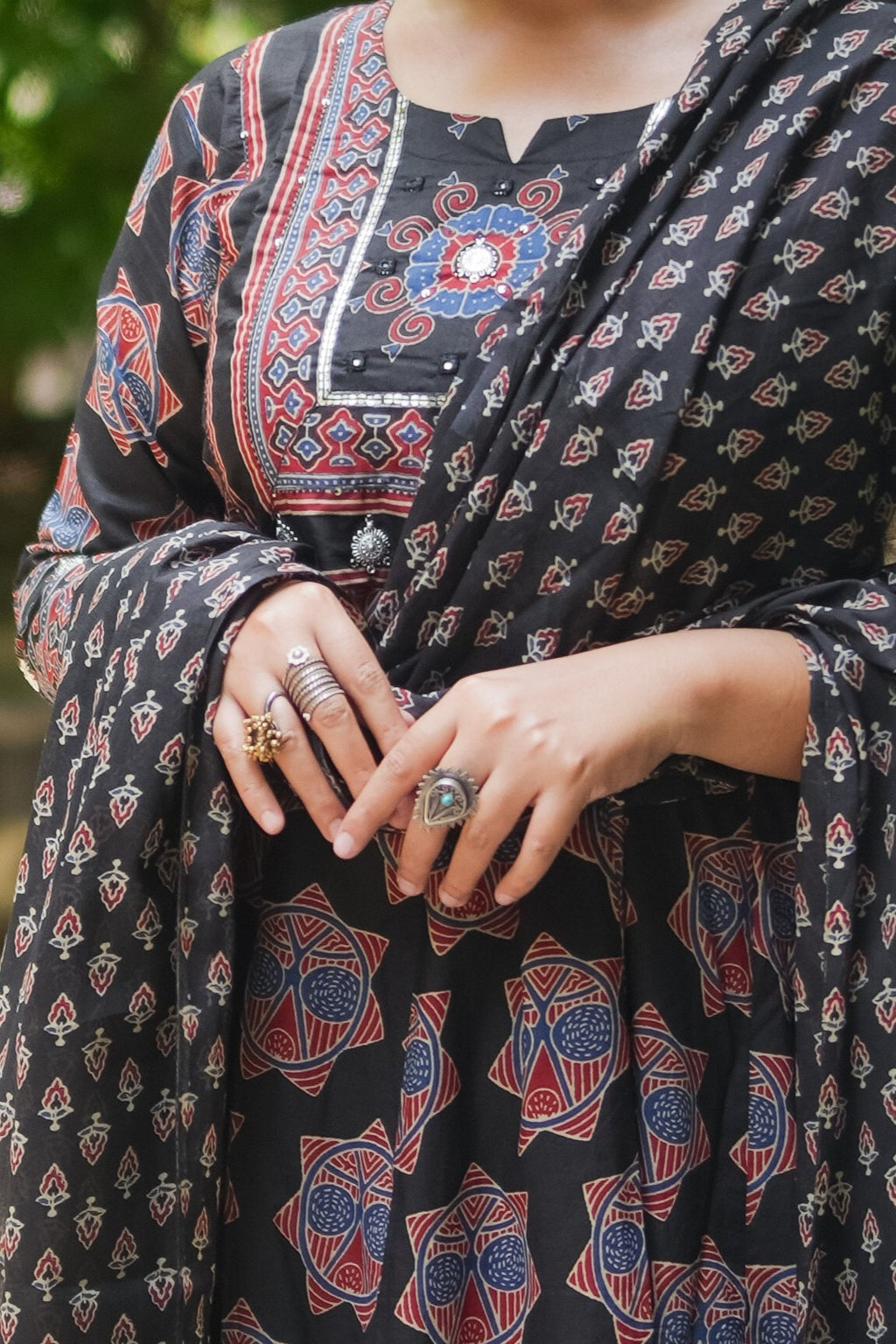 Black & Maroon Embroidered Anarkali Kurta With Pant & Dupatta