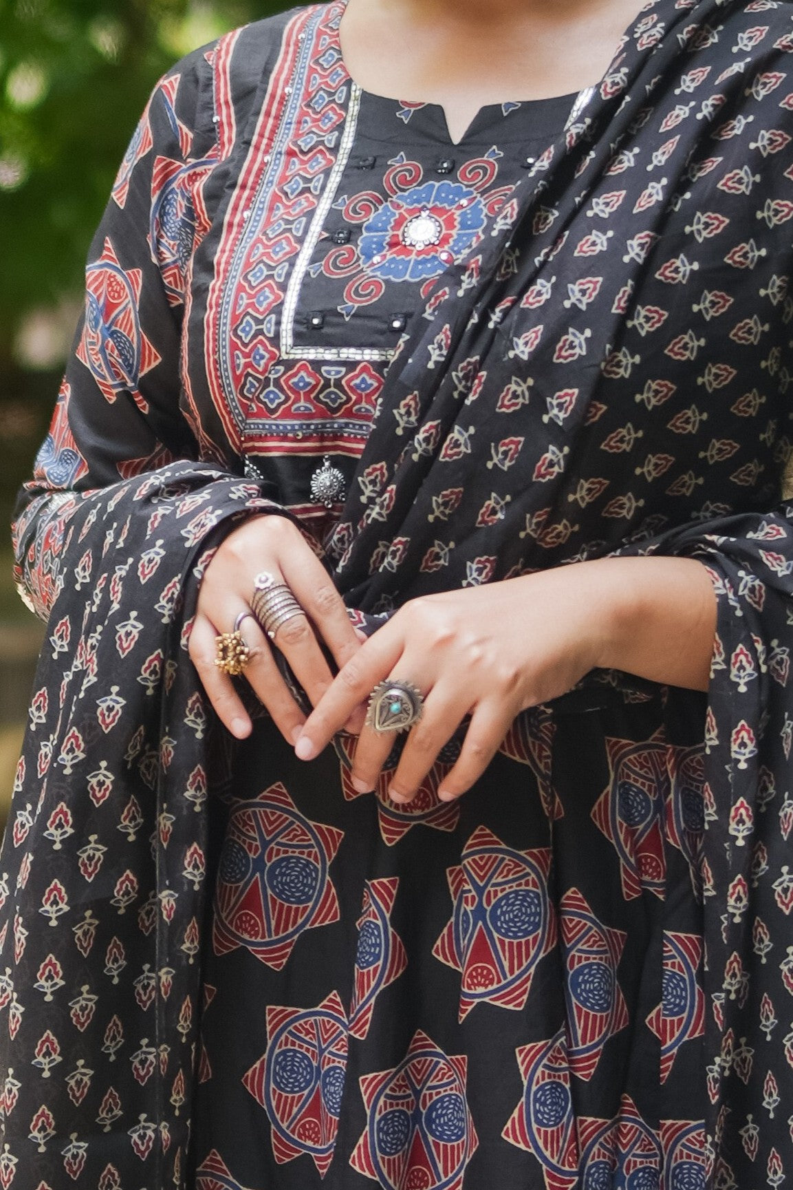 Black & Maroon Embroidered Anarkali Kurta With Pant & Dupatta