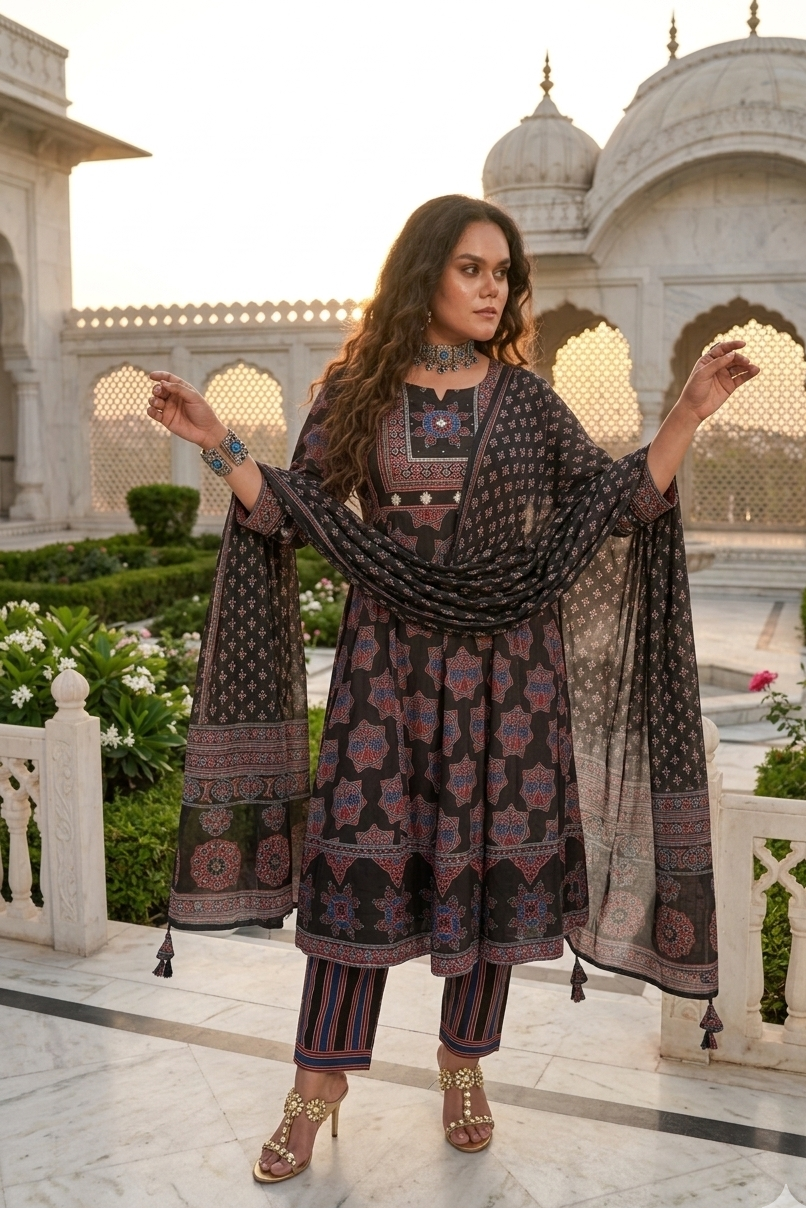 Black & Maroon Embroidered Anarkali Kurta With Pant & Dupatta