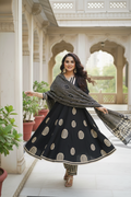 Black & Beige Geometric Embroidered Anarkali kurta With Pant & Dupatta