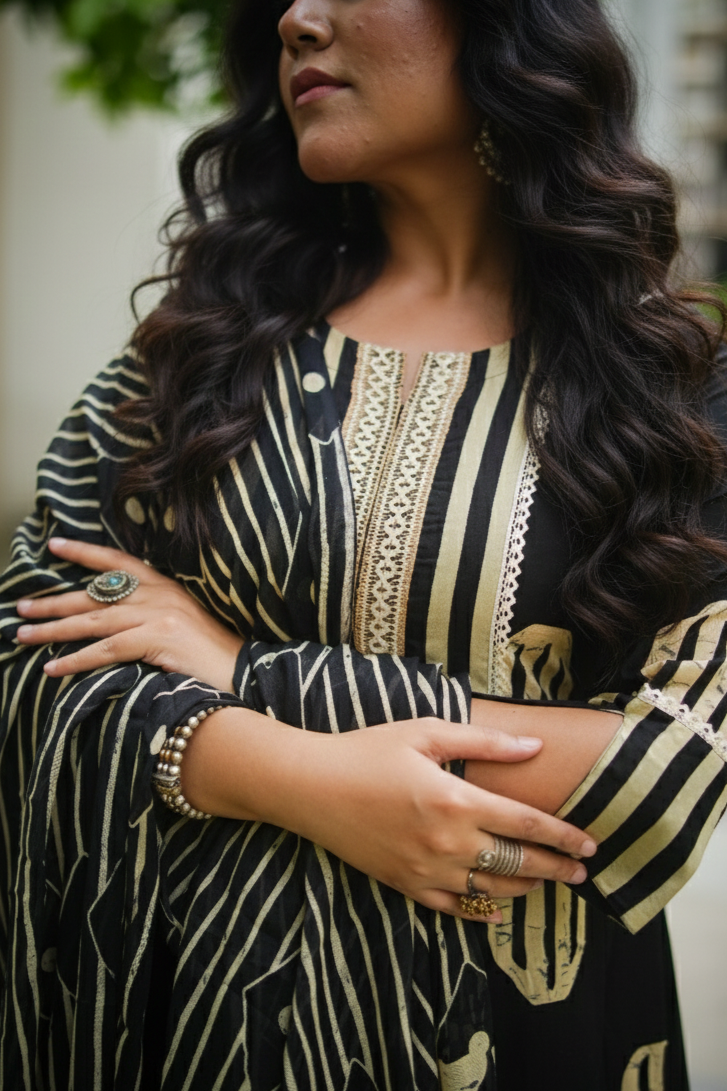 Black & Beige Geometric Embroidered Anarkali kurta With Pant & Dupatta