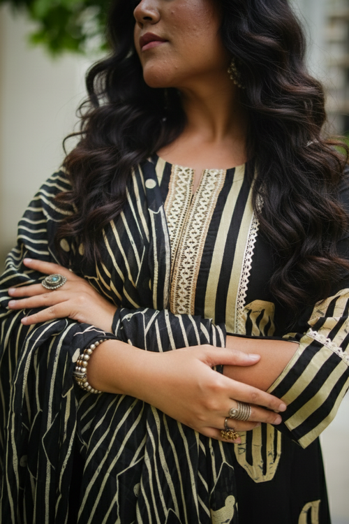 Black & Beige Geometric Embroidered Anarkali kurta With Pant & Dupatta