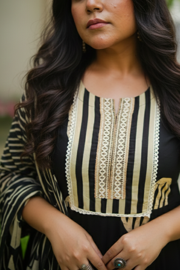 Black & Beige Geometric Embroidered Anarkali kurta With Pant & Dupatta