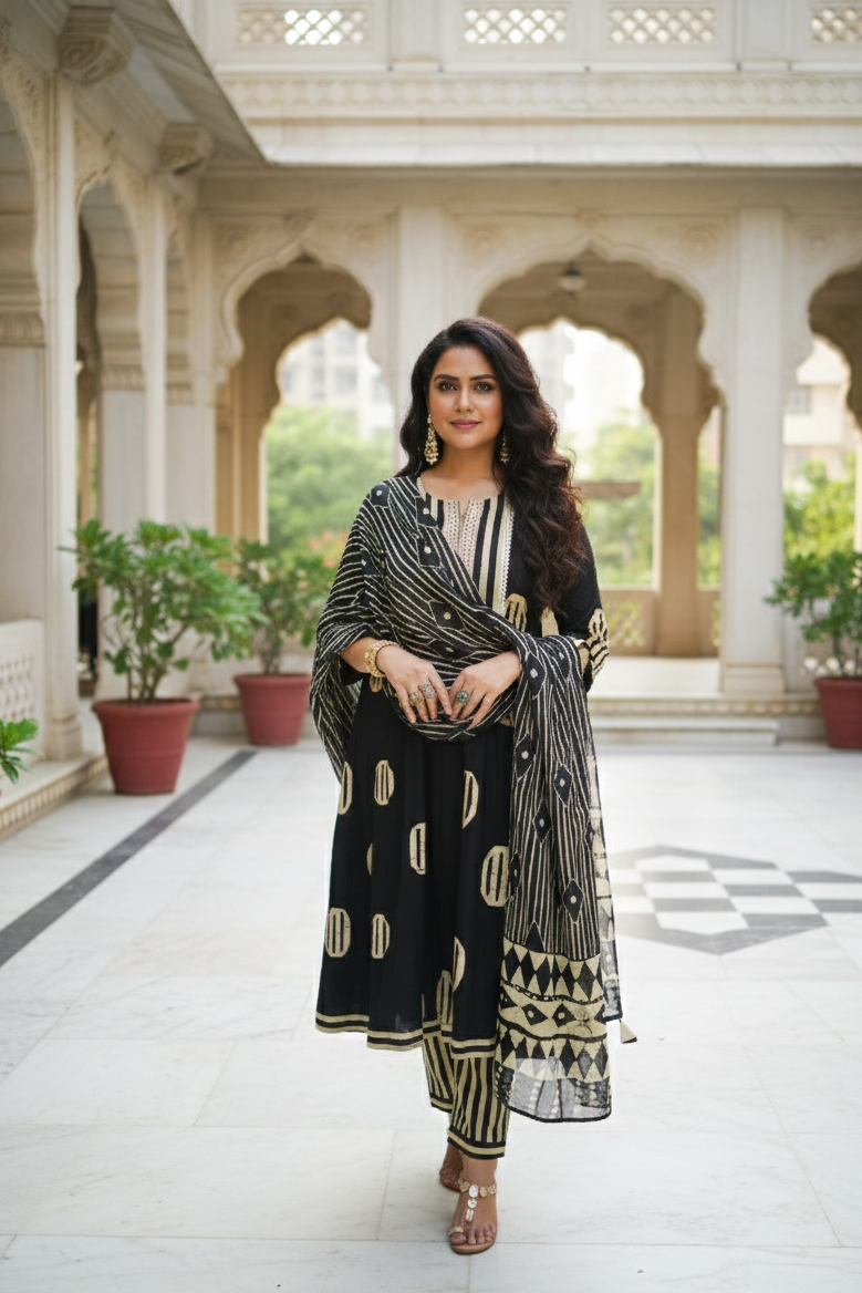 Black & Beige Geometric Embroidered Anarkali kurta With Pant & Dupatta