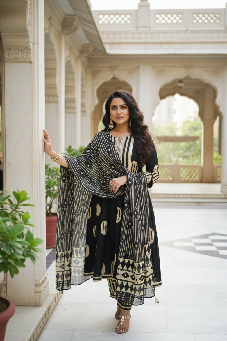 Black & Beige Geometric Embroidered Anarkali kurta With Pant & Dupatta
