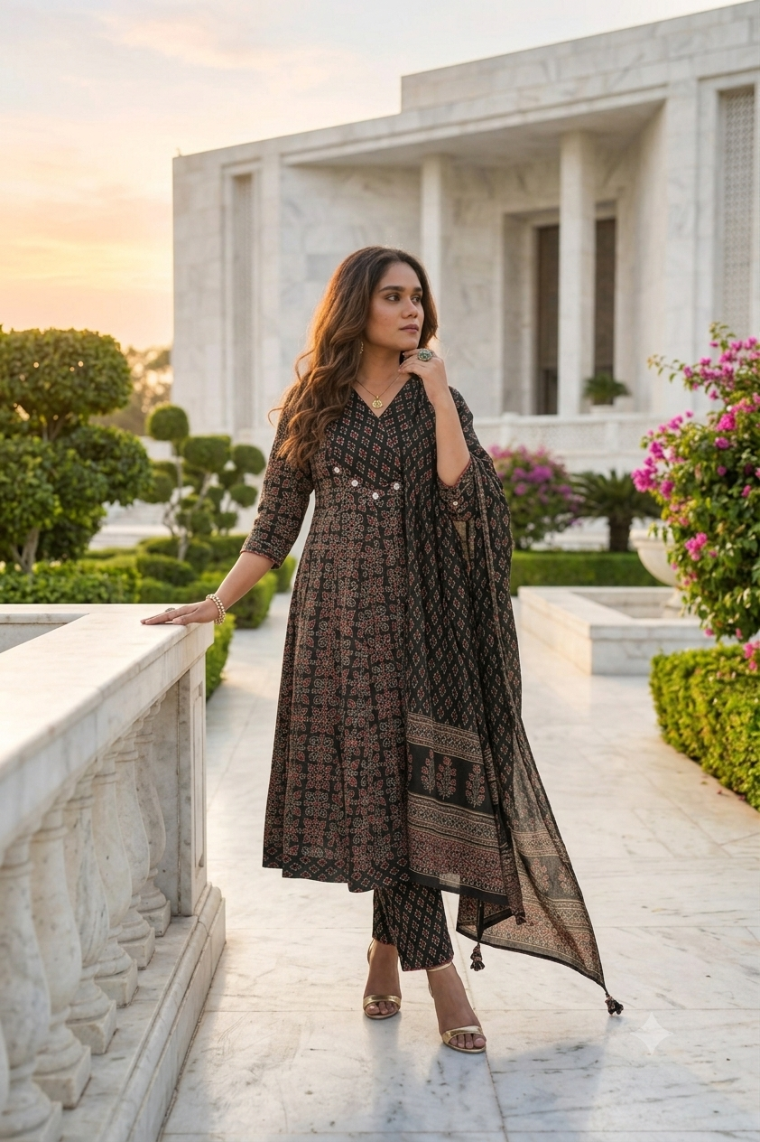 Black & Red Floral Embroidered Anarkali Kurta With Pant & Dupatta