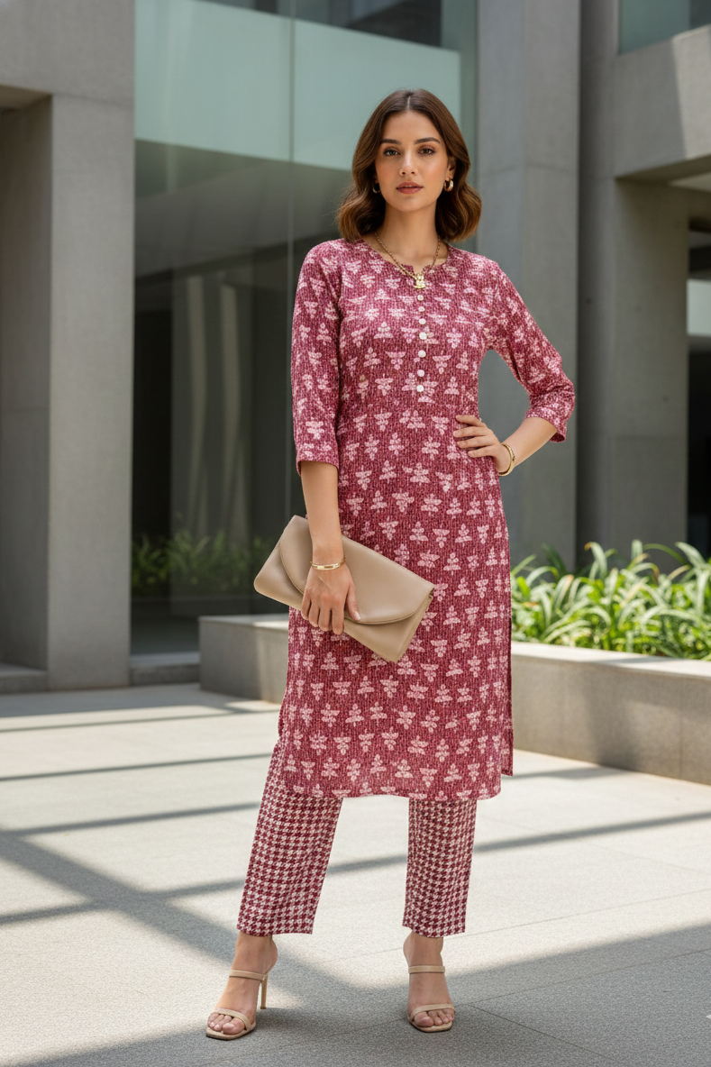 Brown Pink Leaf Print Threadwork Kurta With Pant