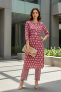 Brown Pink Leaf Print Threadwork Kurta With Pant