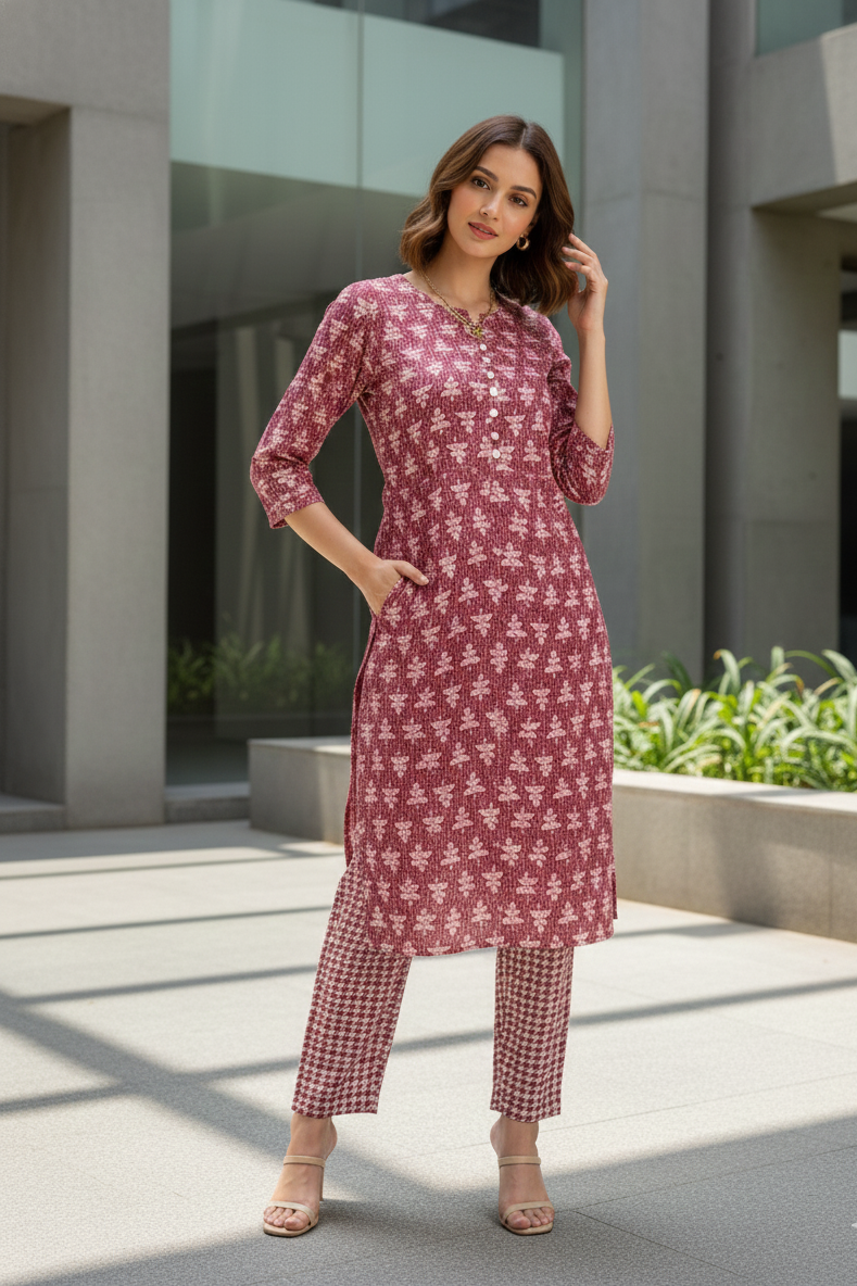 Brown Pink Leaf Print Threadwork Kurta With Pant