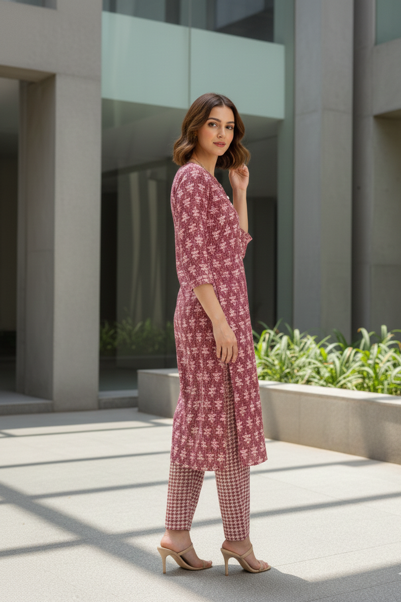 Brown Pink Leaf Print Threadwork Kurta With Pant