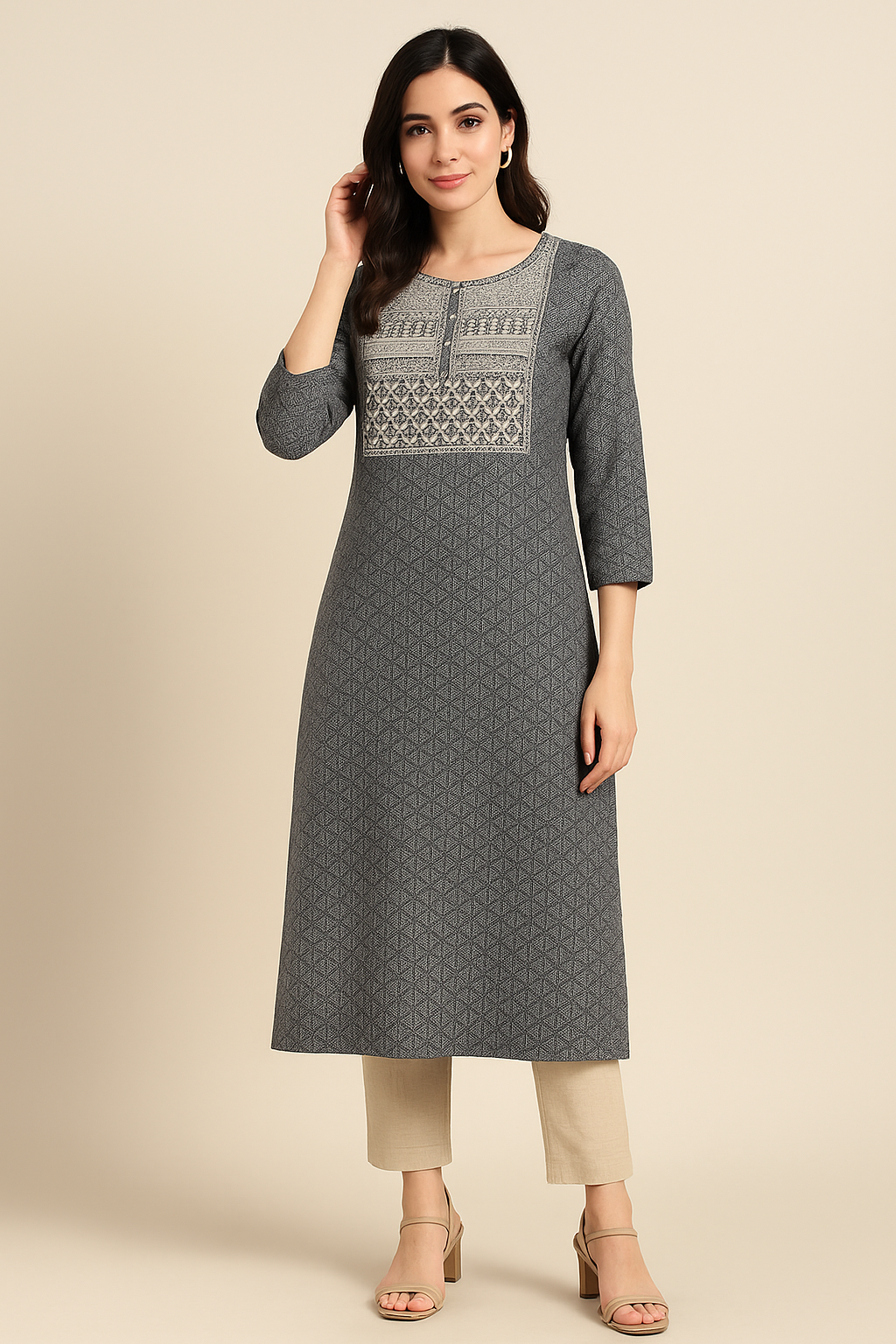 Grey Floral Embroidered Straight Kurta