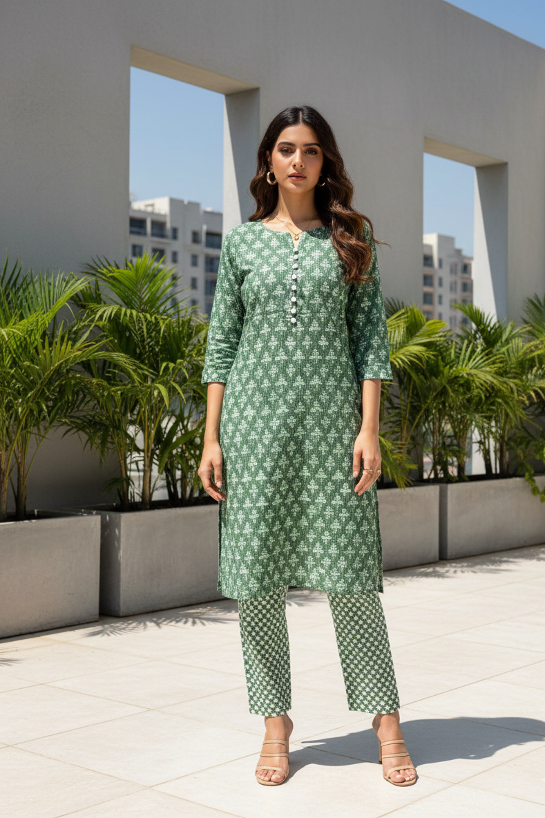 Green Leaf Print Threadwork Kurta With Pant