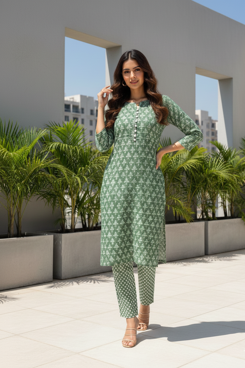 Green Leaf Print Threadwork Kurta With Pant