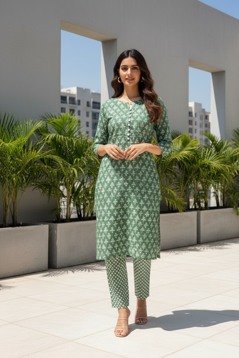 Green Leaf Print Threadwork Kurta With Pant
