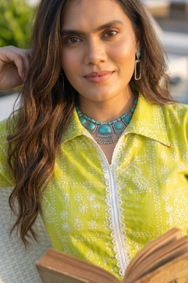 Lime Green Floral Print Wide Lace Kurta With Pant