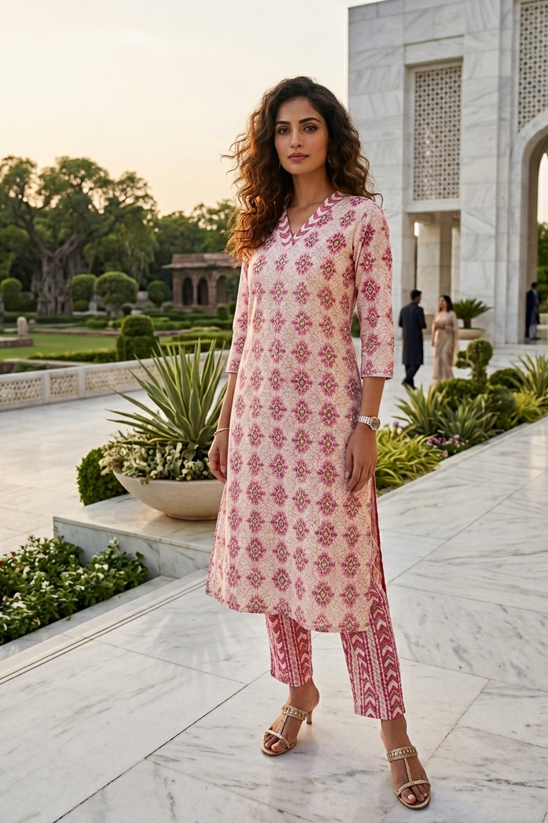 Pink Geometric Print Kurta With Pant