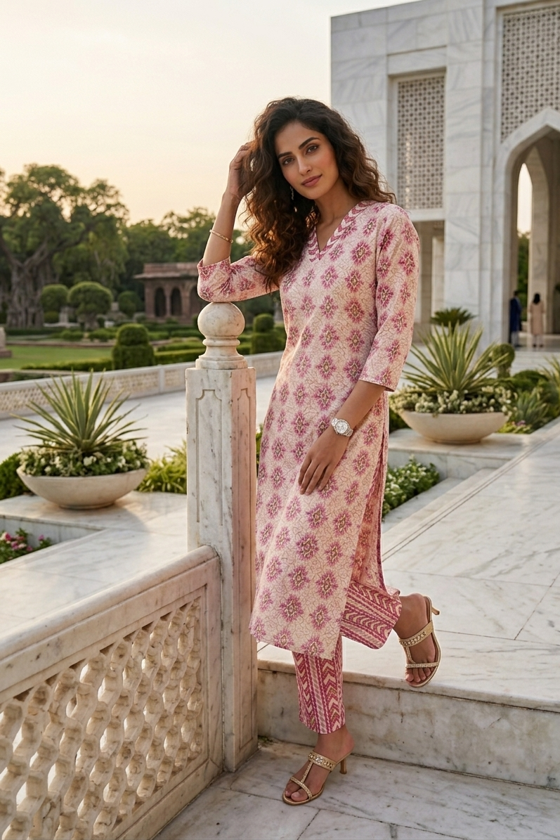 Pink Geometric Print Kurta With Pant