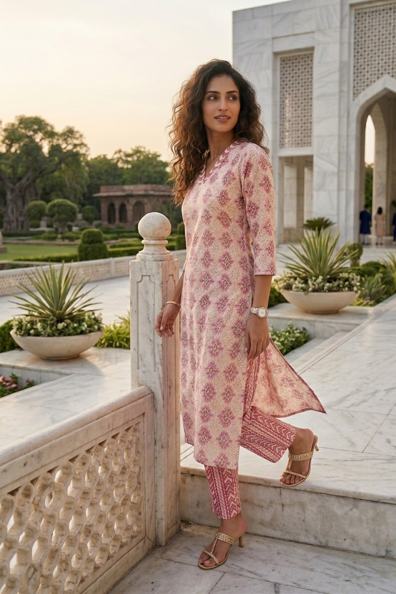 Pink Geometric Print Kurta With Pant